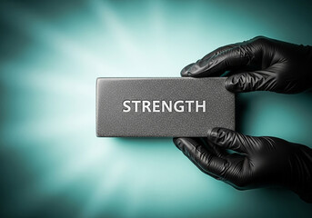 Gloved hands holding a block with the word 'Strength', a powerful and creative concept representing building resilience, support, and foundational power