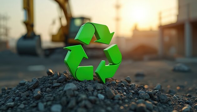 Green recycling symbol rests on pile of gravel at construction site. Excavator and buildings blur in background. Focus on eco friendly building. Circular economy concept.