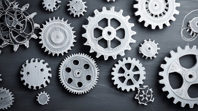 Gearworks Assorted gears and cogs create mechanical arrangement on dark surface