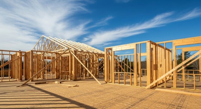 The wooden frame structure of a new house being built on a construction site, with roof trusses and wall studs visible under a bright blue sky with wispy clouds