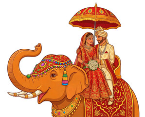 Traditional Indian Bride and Groom Riding Decorated Elephant Vector Illustration | Festive Wedding Baarat