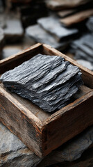 Piece of black layered slate rock with natural texture ideal for product display geology study educational visuals or scientific illustration highlighting structure and mineral patterns