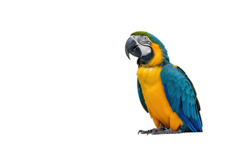 Fototapeta premium Vibrant blue and yellow macaw parrot perched on a sleek white desk, its intelligent gaze conveying strategic thought in a blurred modern corporate office interior. Concept of breakthrough innovation