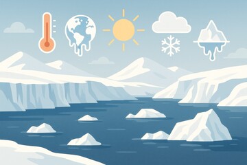 Climate change illustration showing melting ice and rising temperatures