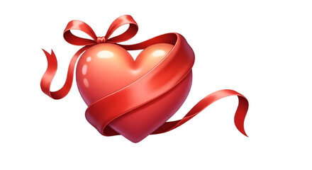 A vibrant red heart, digitally rendered, is wrapped with a matching ribbon and tied with a bow.