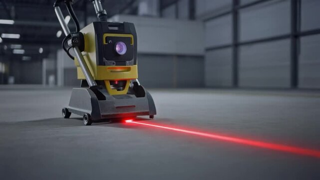 Medium shot of an autonomous robot emits a red laser beam while surveying a vast industrial space.