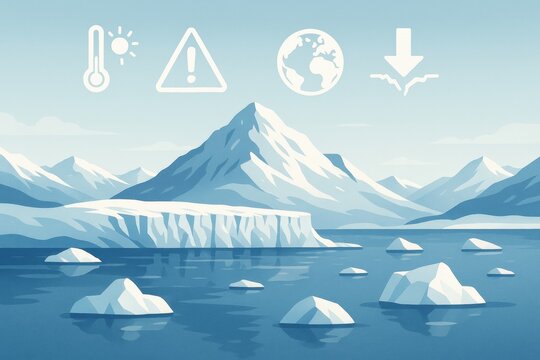 Climate change illustration showing melting glaciers and rising temperatures - Powered by Adobe
