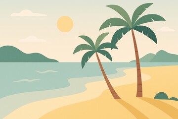 Fototapeta premium Tropical beach scene with palm trees, ocean, and mountains under a sunny sky