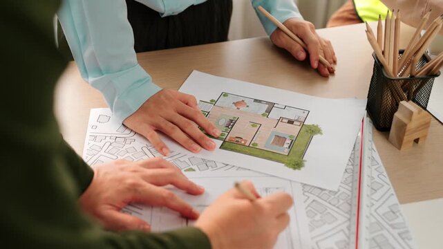 Professional engineer team discussion about house design on meeting table with architectural equipment and building blueprint scatter around at modern office. Focus on hand. Closeup. Delineation.