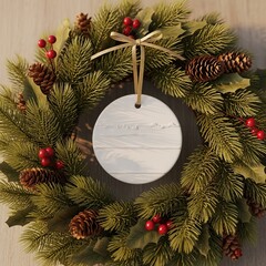 Christmas wreath on a white background with green fir branches, holiday ornaments, and a red bow
