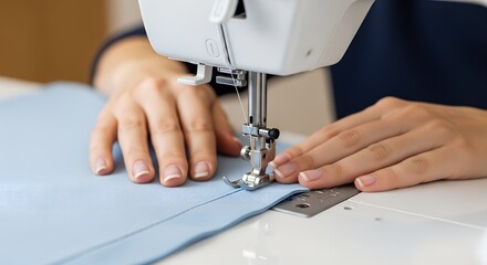 Hands operating sewing machine while stitching blue fabric