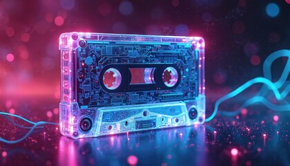 Retro cassette tape floats in space with neon light trails. Sci-fi tech style music background. Abstract cassette reflects pink and blue light in cyberspace. Tech sound recording media in 80s design.