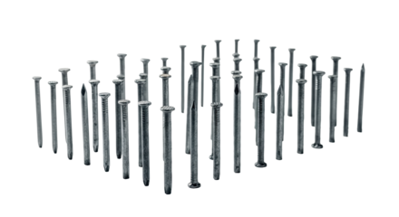 Diverse aged metal nails, various sizes and head shapes, rustic shafts, meticulously arranged on a transparent surface with soft shadows, diffused studio lighting. Concept of industrial reliability