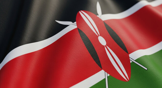 Kenya Flag Closeup Showing Traditional Shield Spear Symbol Pattern And National Colors