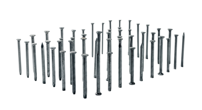 Diverse aged metal nails, various sizes and head shapes, rustic shafts, meticulously arranged on a transparent surface with soft shadows, diffused studio lighting. Concept of industrial reliability