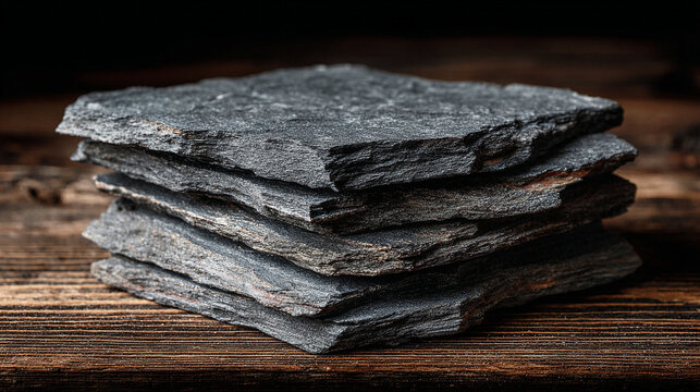 Piece of black layered slate rock with natural texture ideal for product display geology study educational visuals or scientific illustration highlighting structure and mineral patterns
