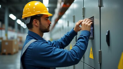 A professional engineer wearing yellow safety helmet operates control panel in modern industrial facility, demonstrating industrial automation, safety, technical expertise in manufacturing environment