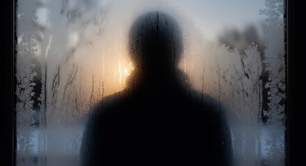 Solitary figure silhouetted against frosty window at winter sunrise.