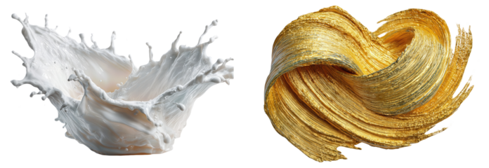 Dynamic splash of white liquid milk contrasting with a luxurious swirling golden paint stroke abstract texture isolated on white background dairy health luxury