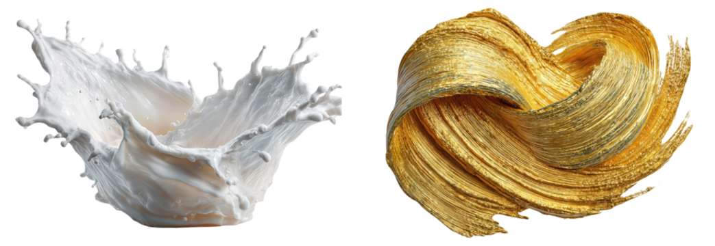 Dynamic splash of white liquid milk contrasting with a luxurious swirling golden paint stroke abstract texture isolated on white background dairy health luxury