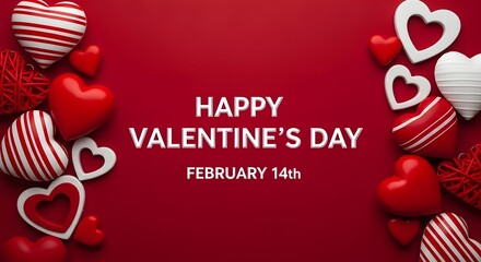 Happy Valentine's Day Message Surrounded by Assorted Red and White Hearts on Red Background
