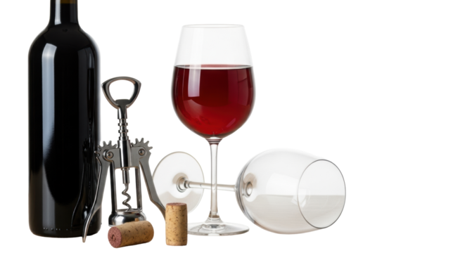 Elegant dark wine bottle, polished steel corkscrew, natural corks, two pristine stemmed wine glasses (one with ruby red wine), on light wooden surface, white background, luxury celebration