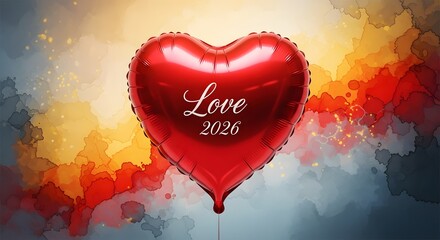 Large red heart-shaped balloon with " Love 2026" text against a colorful abstract background