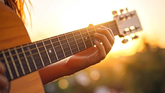 Playing Guitar at Sunset: Close-up of Hands and Instrument.