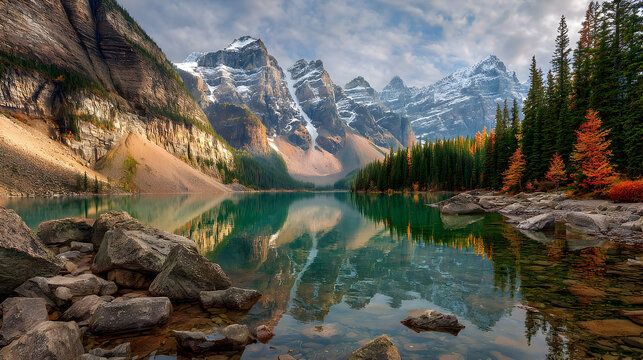 Majestic alpine landscape with crystal clear turquoise lake and snow-capped mountains - Powered by Adobe