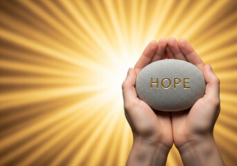 Cupped hands holding a stone with 'Hope' against a bright, glowing background, a concept perfect for expressing optimism, faith, and positive thinking