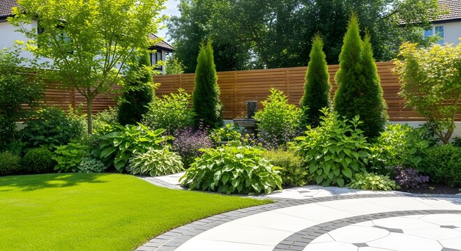 Lush green garden with manicured lawn and stone patio in summer landscaping greenery - Powered by Adobe