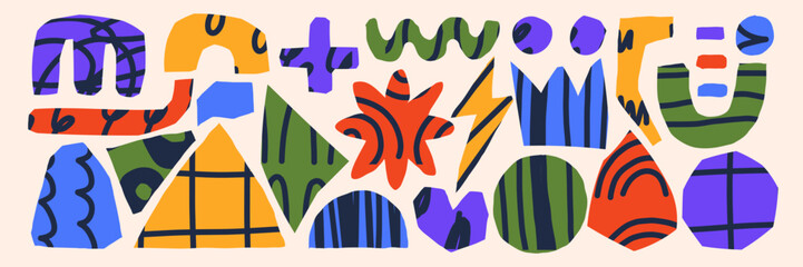 Abstract cutout collage featuring doodle shapes and childish art. Playful drawn textures add a modern graphic charm. Perfect for trendy illustration projects