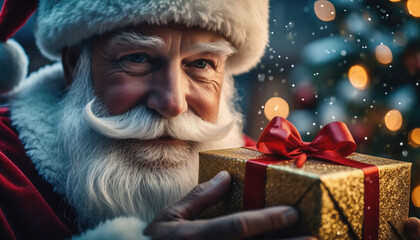 santa claus with gift close-up of Santa Claus holding a golden gift, detailed beard, gentle expression, warm and soft light, Christmas scene in the background.