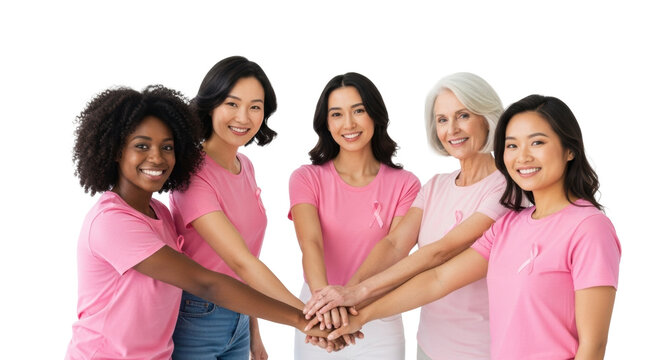 Five diverse women (20s-60s) in pink awareness t-shirts, natural hair, clean makeup, smiling, hands intertwined, white studio. Concept of solidarity and health awareness