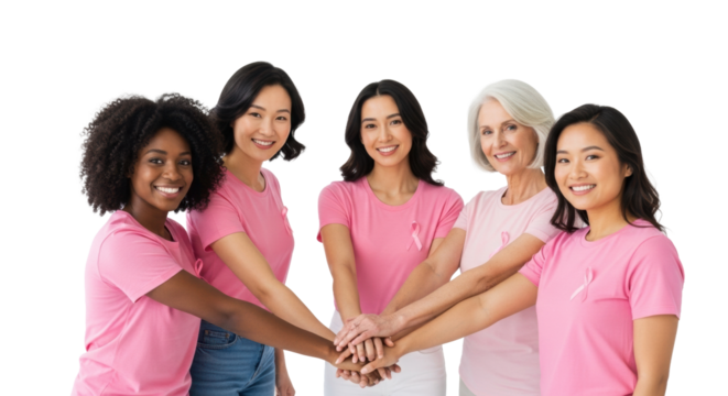 Five diverse women (20s-60s) in pink awareness t-shirts, natural hair, clean makeup, smiling, hands intertwined, white studio. Concept of solidarity and health awareness