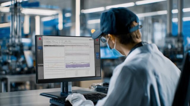 Closeup of a technician analyzing visual defect detection results on a monitor using AIpowered quality control in a modern manufacturing facility.