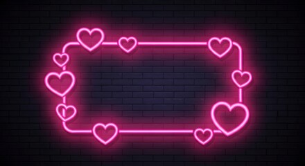 Neon Pink Heart Border Frame on Dark Brick Wall Background image photo