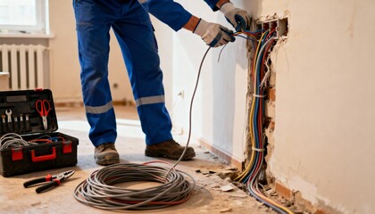 Electrician replacing old apartment wiring with modern cables in a renovation project to enhance home connectivity and power reliability.