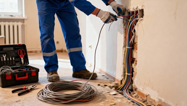 Electrician replacing old apartment wiring with modern cables in a renovation project to enhance home connectivity and power reliability.