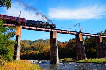鉄橋を渡る蒸気機関車