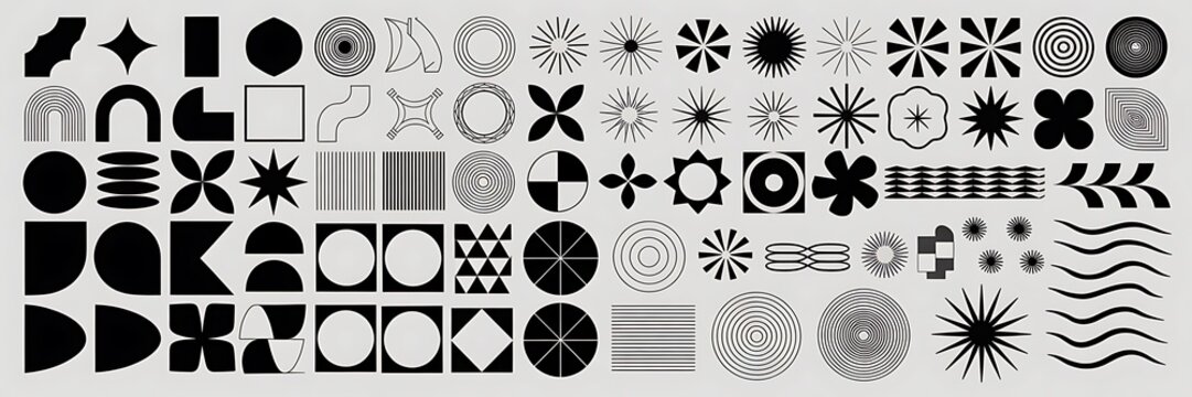 Diverse collection of abstract black and white geometric shapes and patterns for design projects