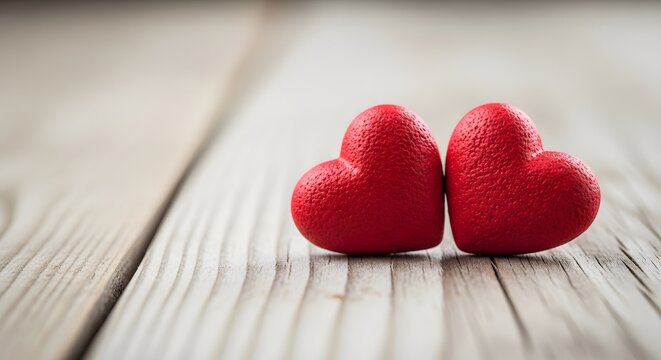Two Textured Red Heart Shapes Resting on Weathered Wooden Planks hearts love
