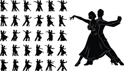Elegant ballroom dance silhouettes showcasing expressive couple choreography, graceful movement poses, professional dancers, artistic rhythm illustration in black isolated vector style