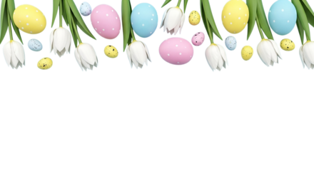 3d icon of easter eggs and white tulips border isolated on transparent background