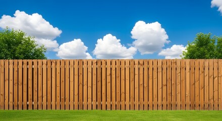Fototapeta premium Wooden Fence with Green Grass and Blue Sky with Clouds backyard garden