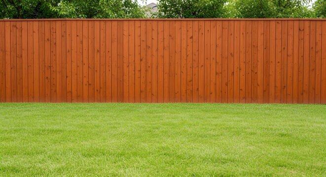 Wooden Fence and Green Grass in a Backyard Setting privacy fence lawn