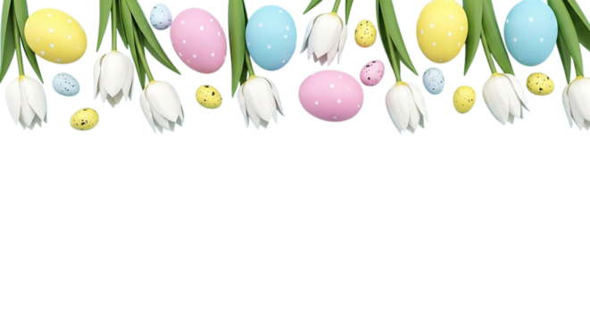 3d icon of easter eggs and white tulips border isolated on transparent background