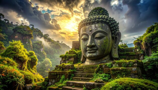 Gigantic Buddha statue covered in moss among tropical mountains at sunrise symbolizing peace, spirituality, meditation, and harmony with nature in Asian landscape - Powered by Adobe