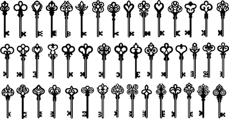 Extensive collection of antique skeleton key silhouettes featuring ornate, decorative, and vintage Victorian designs, symbolizing security, mystery, access, history