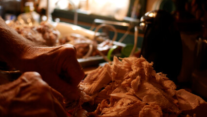 Man Places Carved Turkey on Plate for Thanksgiving